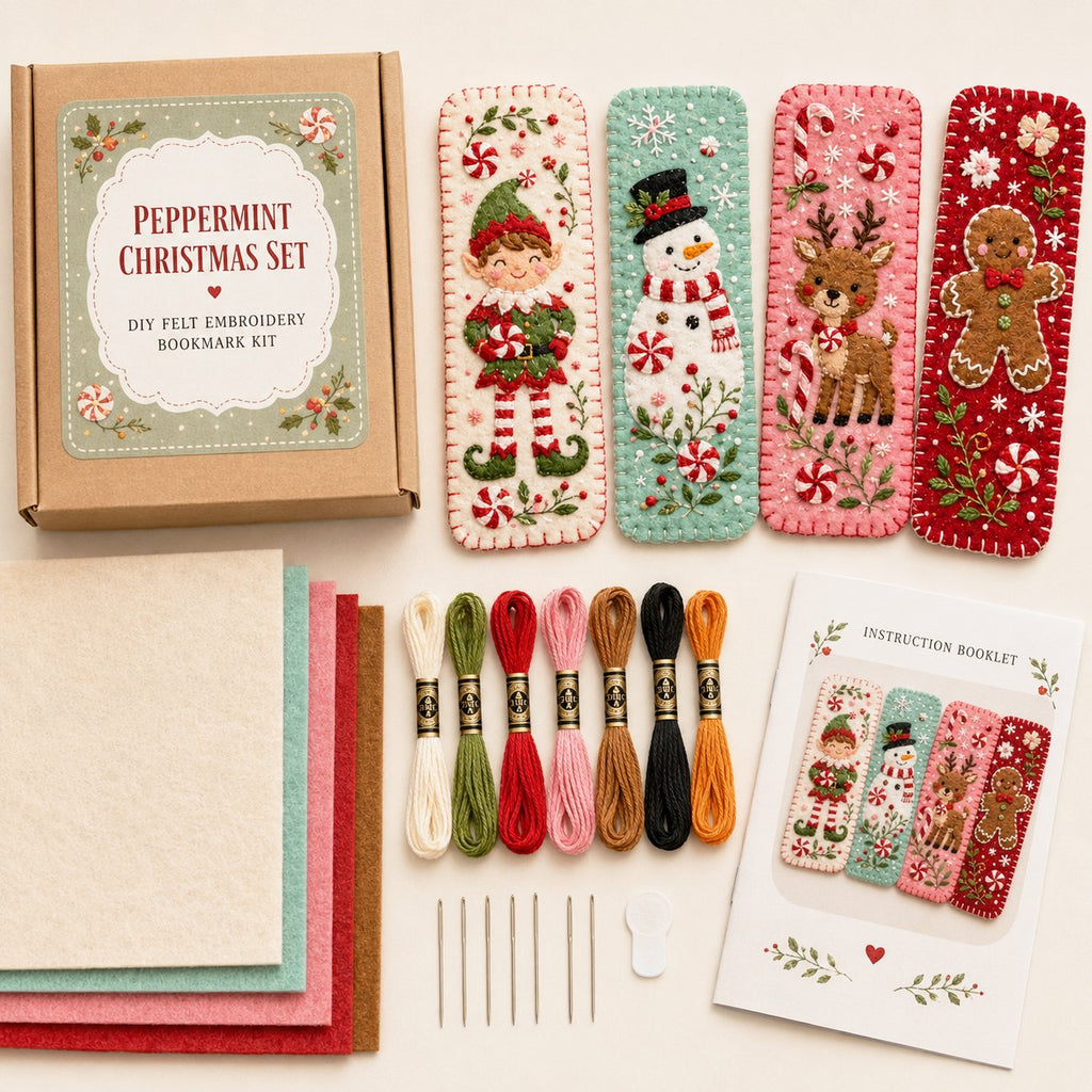Peppermint bookmark kit contents arranged for hand stitching