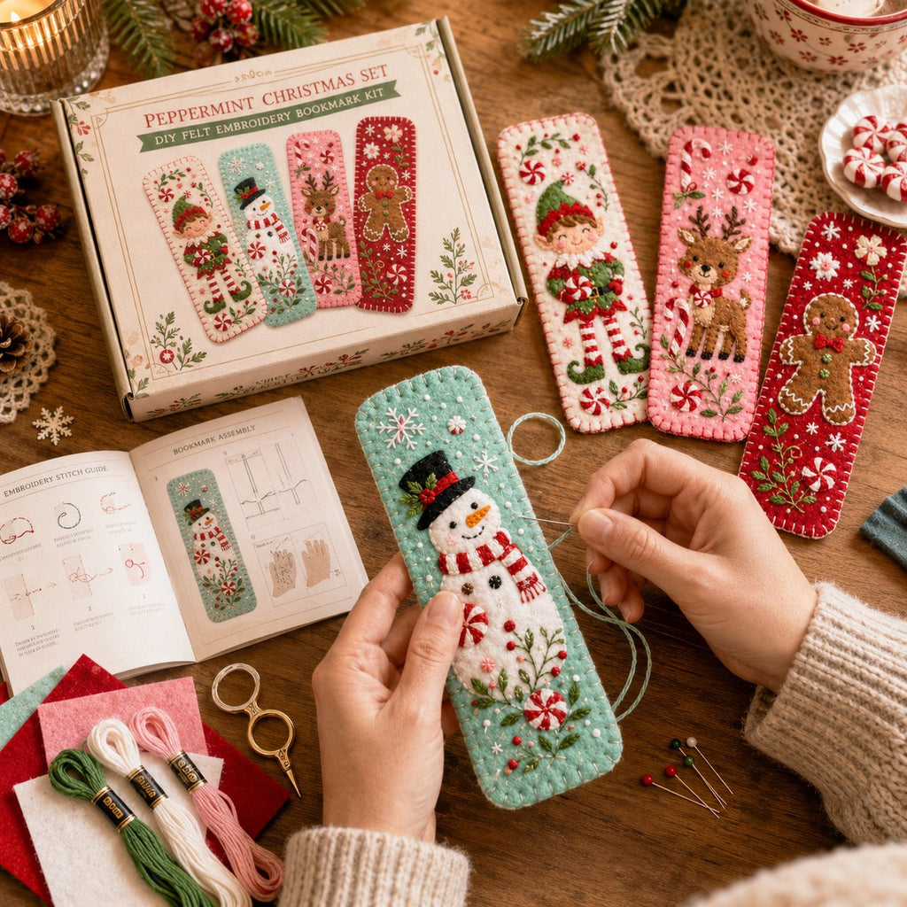 Hands stitching a snowman from the peppermint bookmark set