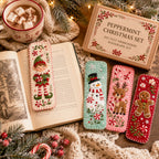 Colorful peppermint bookmarks beside an open holiday book