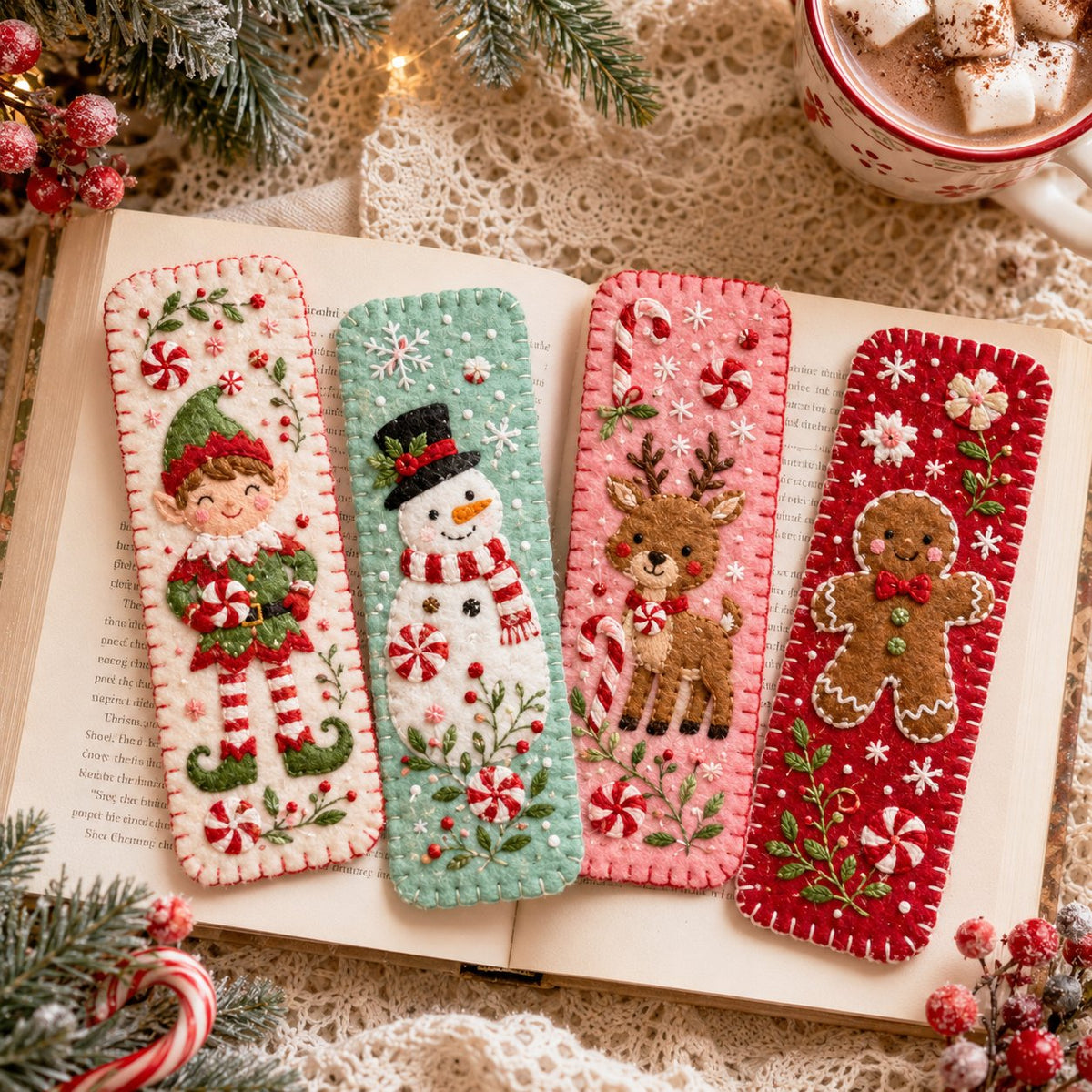 Peppermint Christmas bookmarks displayed across an open book