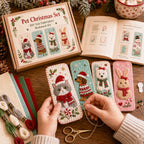 Hands stitching a dog bookmark from the pet Christmas set