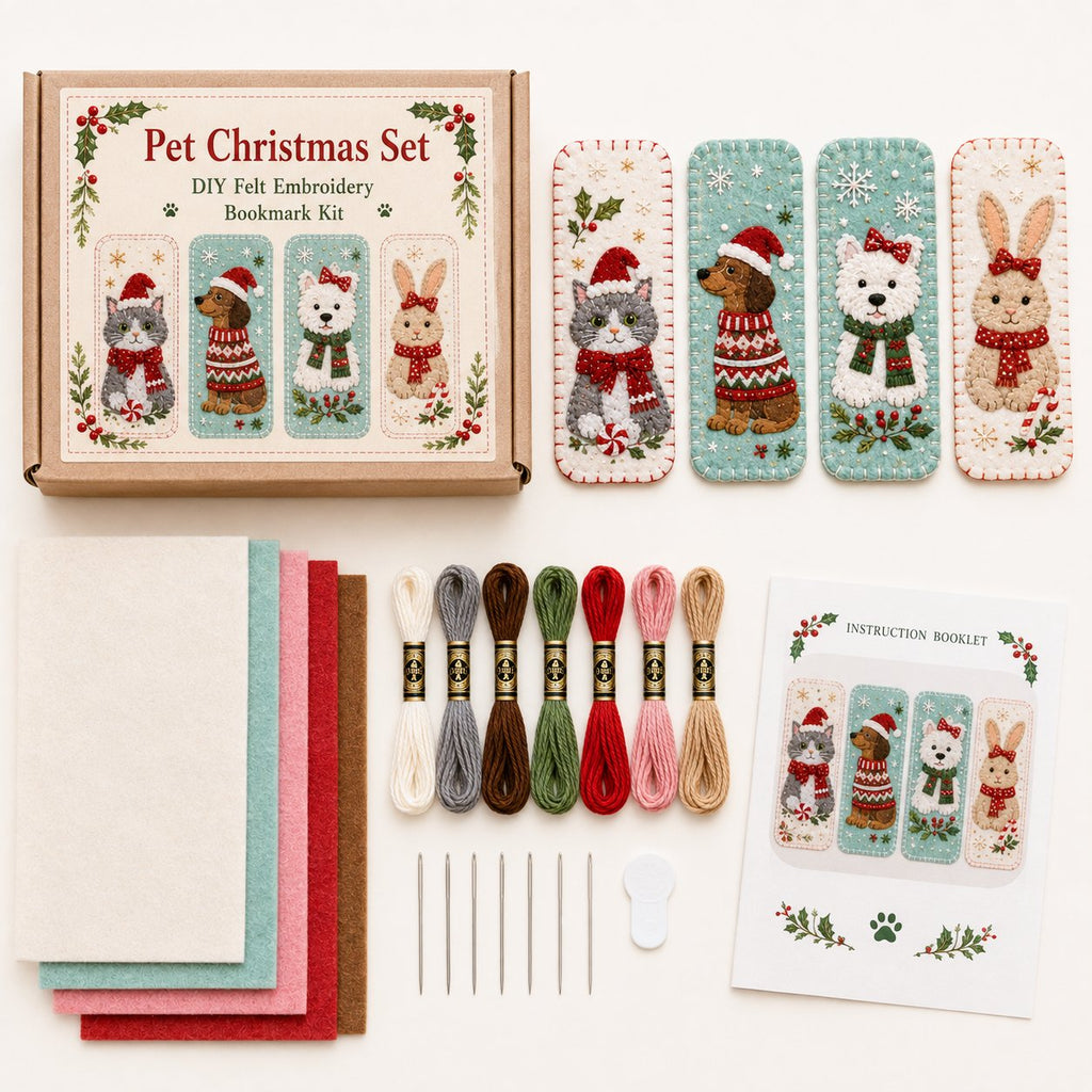 Pet bookmark kit contents arranged with felt thread needles and guide