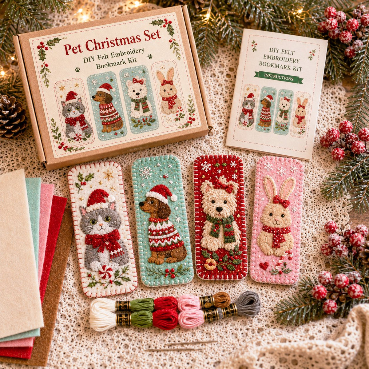 Pet Christmas bookmark kit with finished designs and craft materials