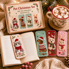 Pet-themed felt bookmarks displayed with an open book and cocoa