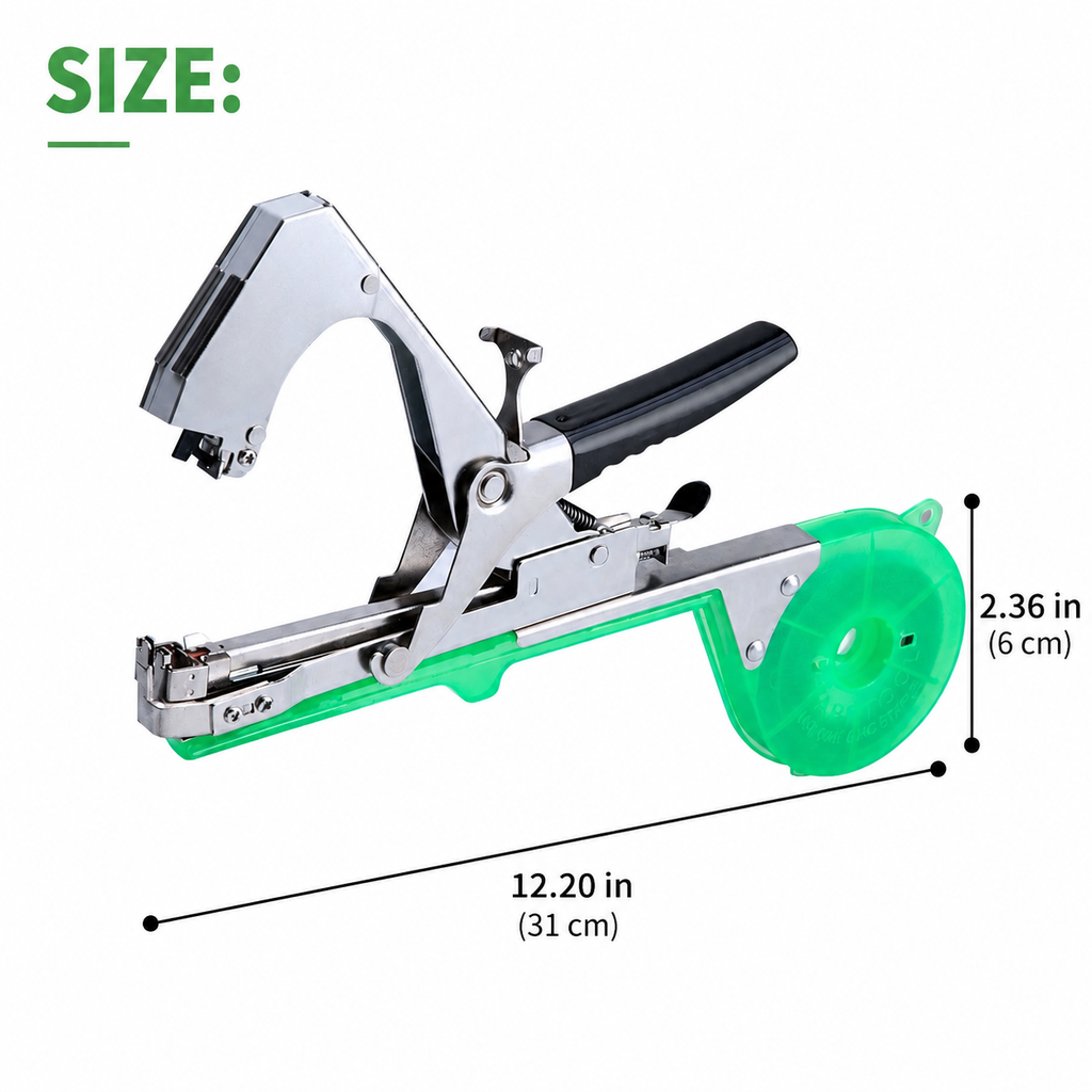Plant tying machine size guide showing garden tapener tool measurements