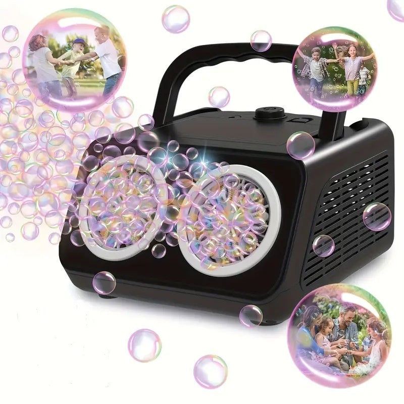 Portable bubble machine producing bubbles for family outdoor activities