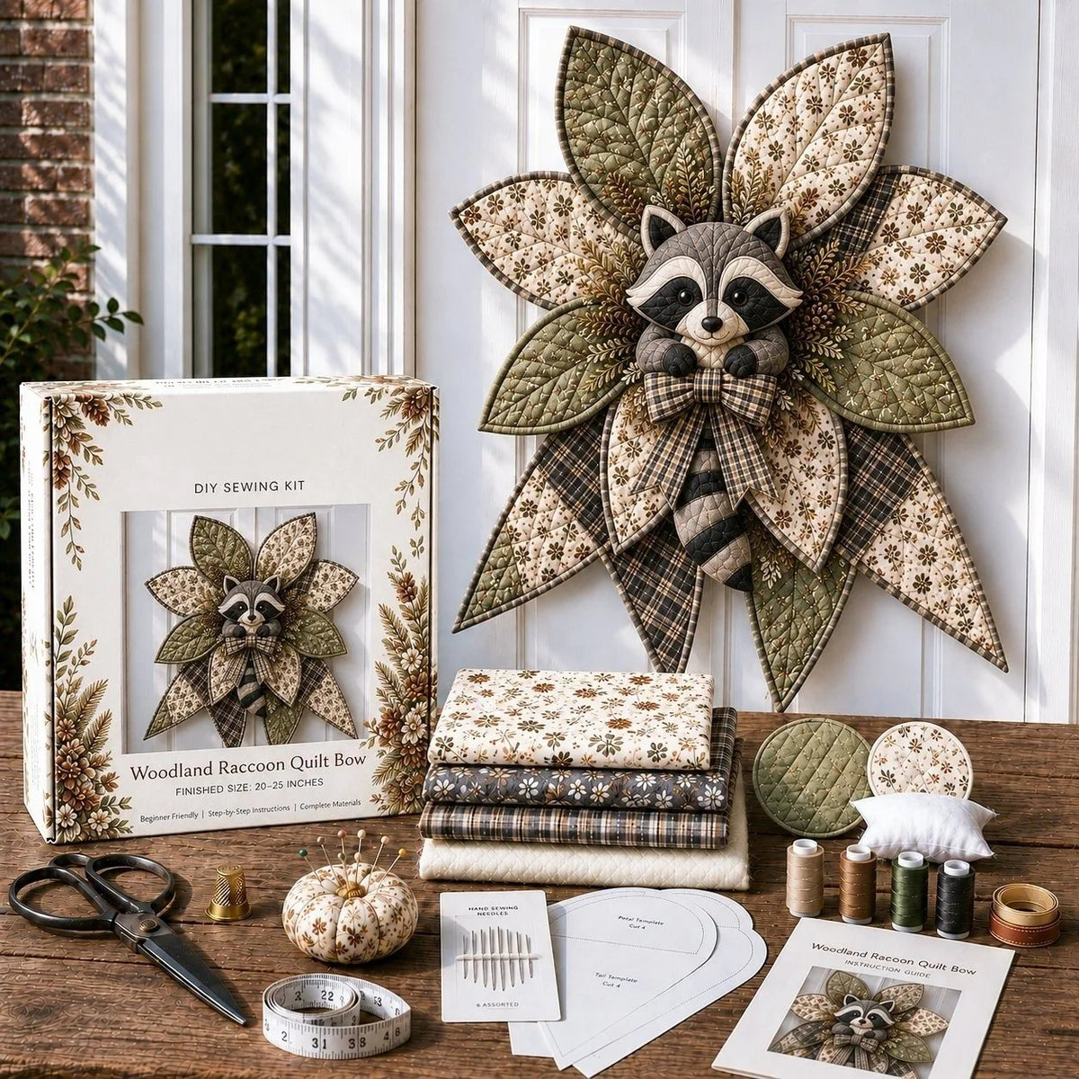 Raccoon quilted door bow displayed with coordinated sewing materials