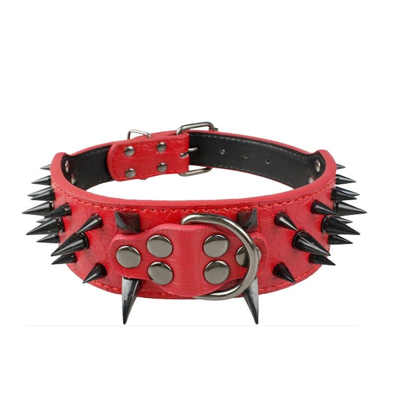 Red and black leather dog collar with two-tone spikes
