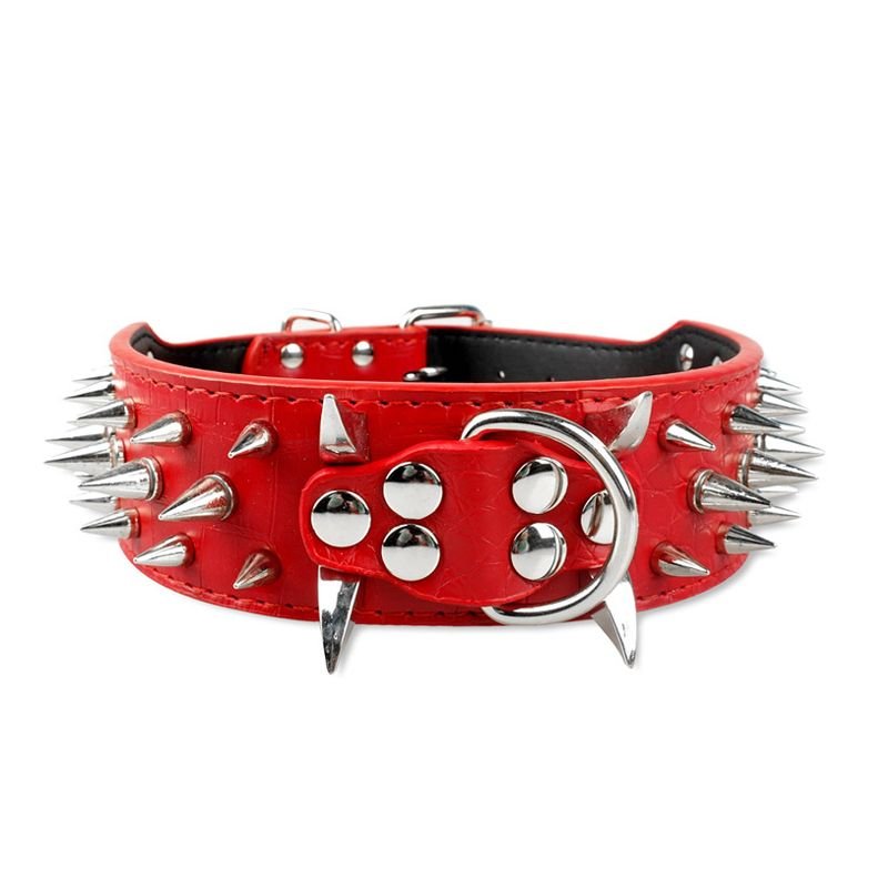 Red leather dog collar with silver spikes and buckle