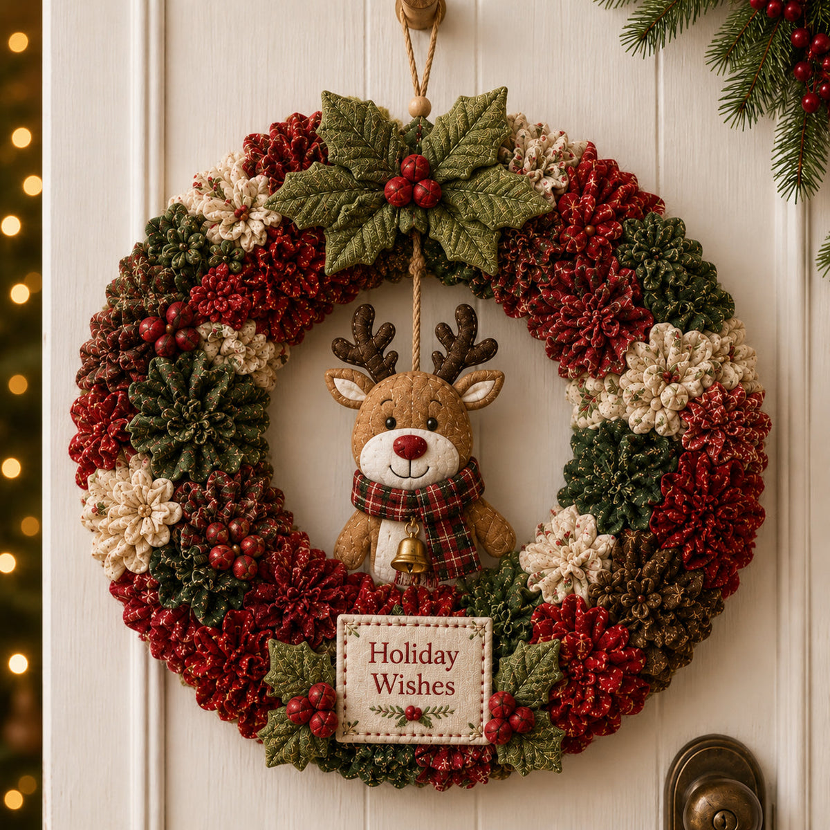 Red and green fabric wreath with a reindeer centerpiece