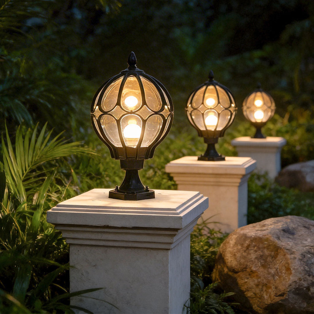 Outdoor Globe Pillar Light, Retro Glass Globe Post Lamp for Garden and Pathway