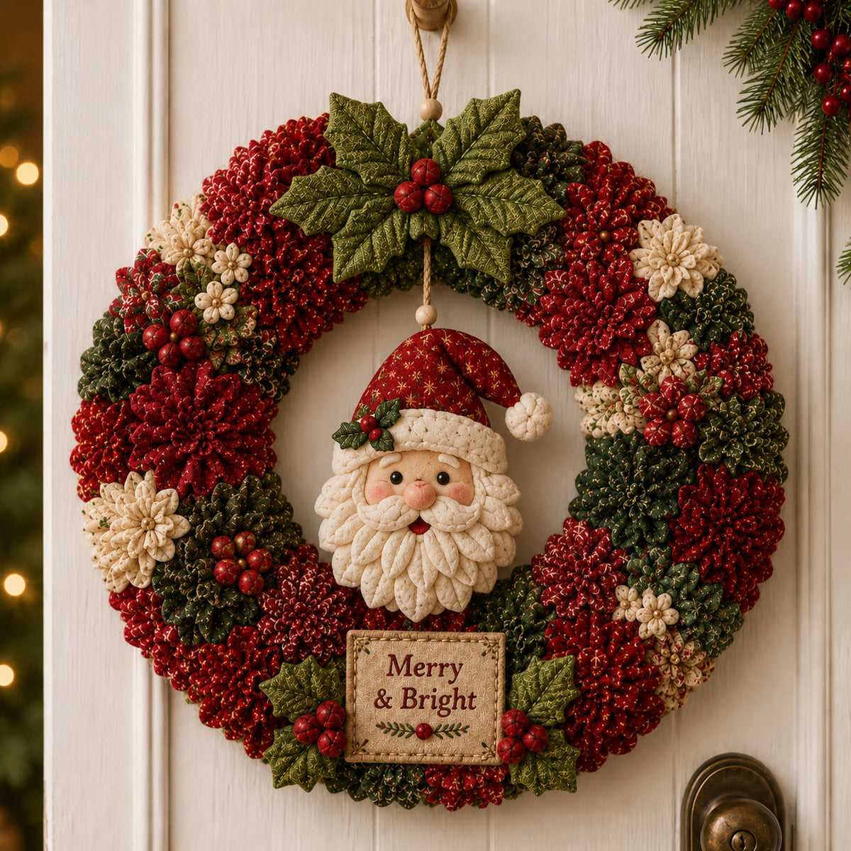 Finished red and green fabric wreath with a Santa centerpiece