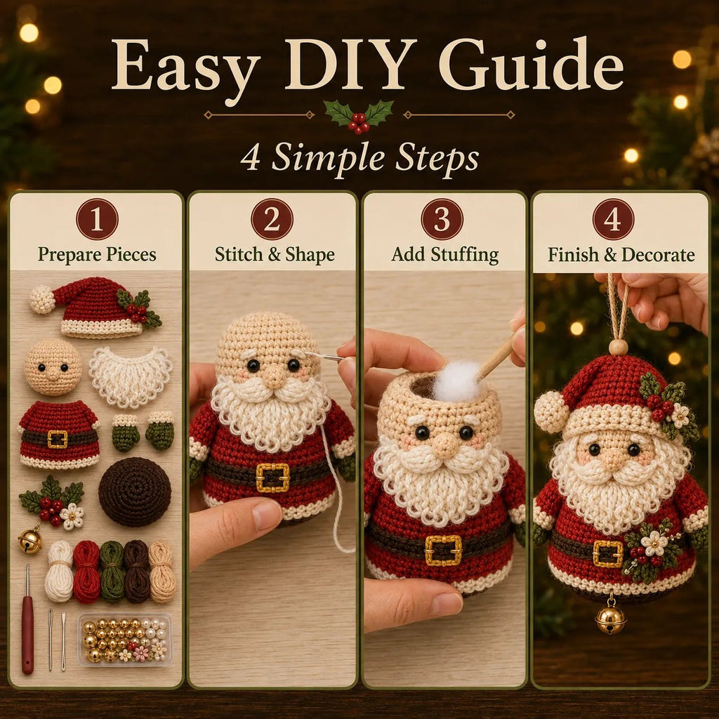 Four illustrated steps for making the Santa character ornament