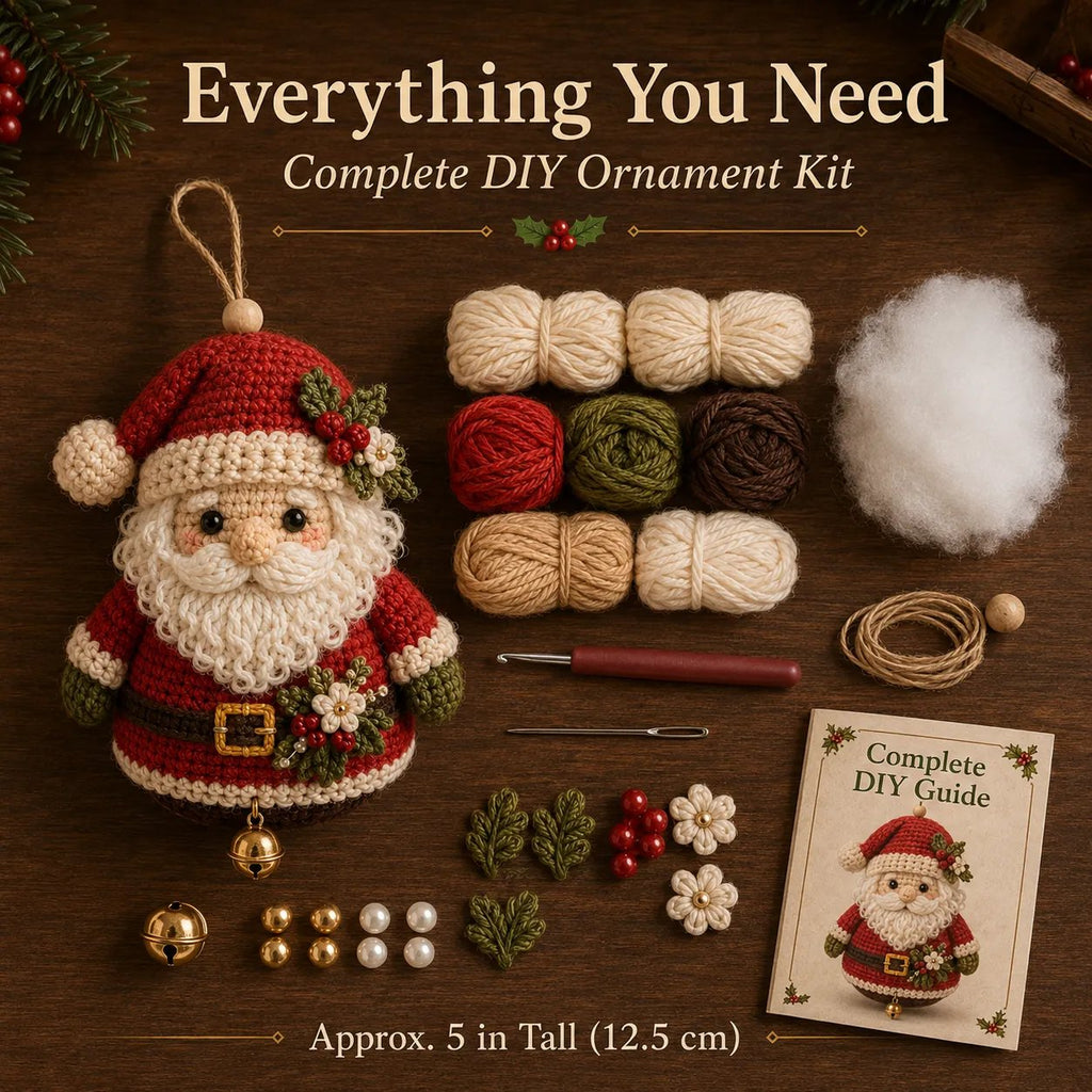 Santa ornament kit contents arranged with yarn tools and instructions