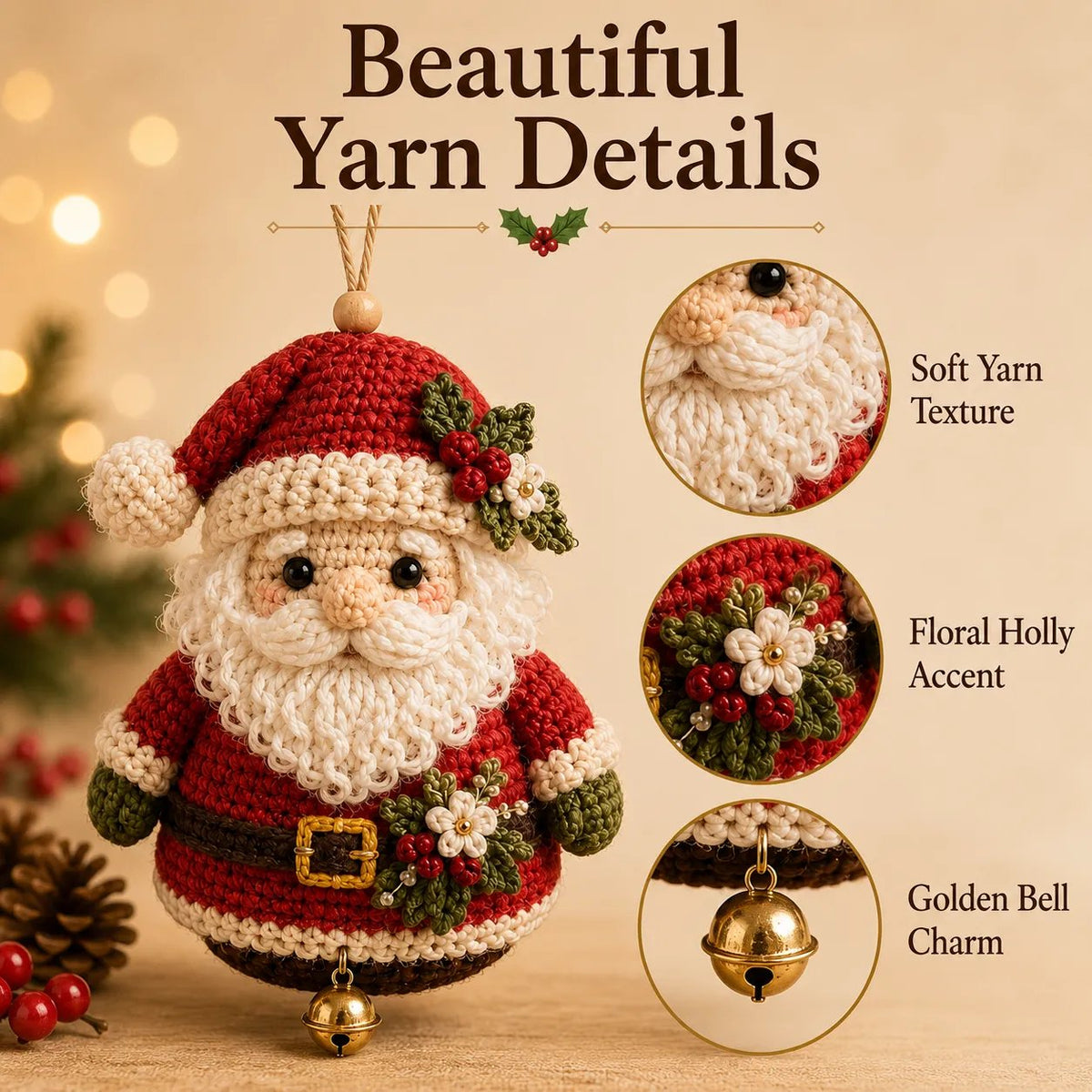 Close view of the Santa ornament yarn texture and bell charm
