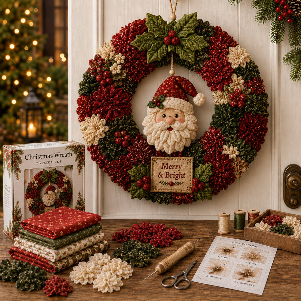 Santa fabric wreath displayed beside coordinated crafting materials