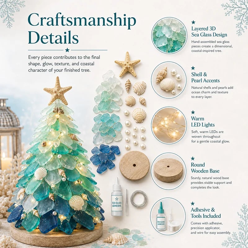 Close-up guide to layered sea glass tree materials and details