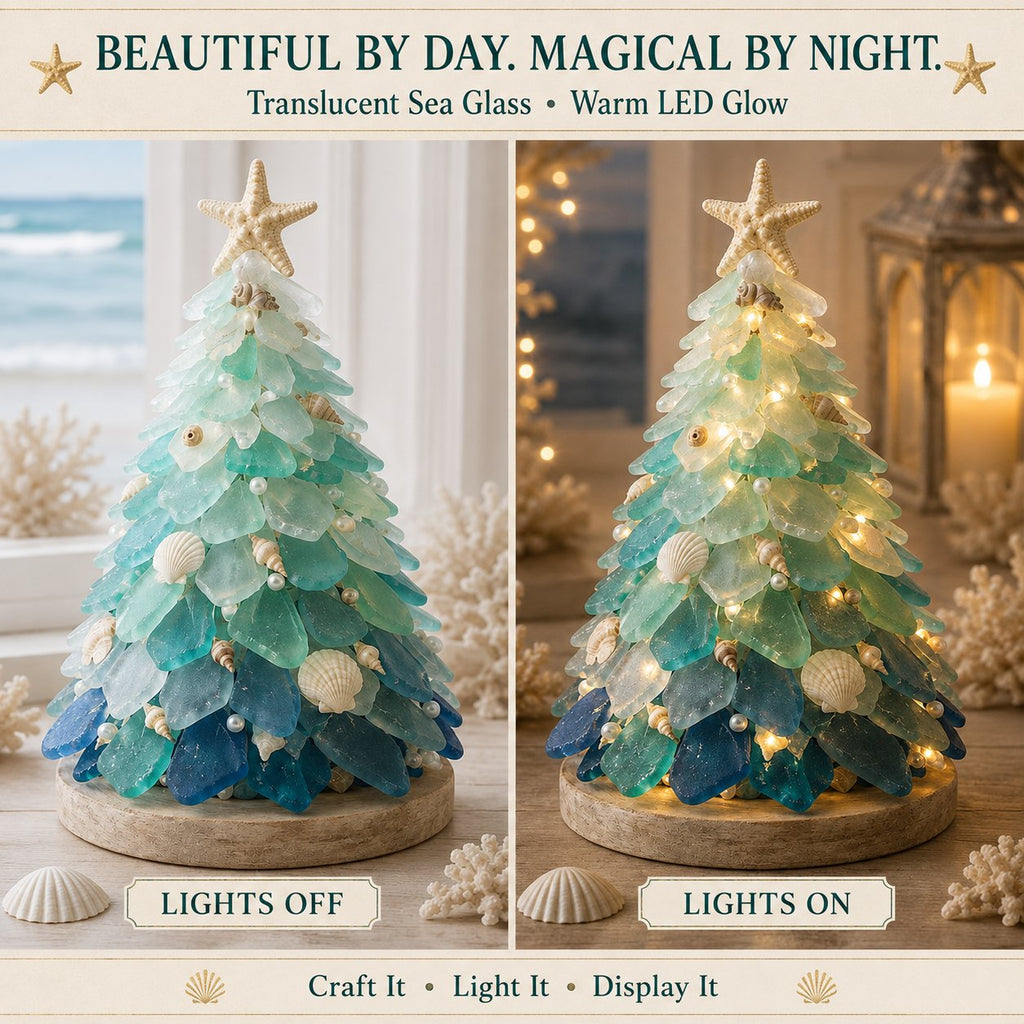Sea glass Christmas tree shown with lights off and on