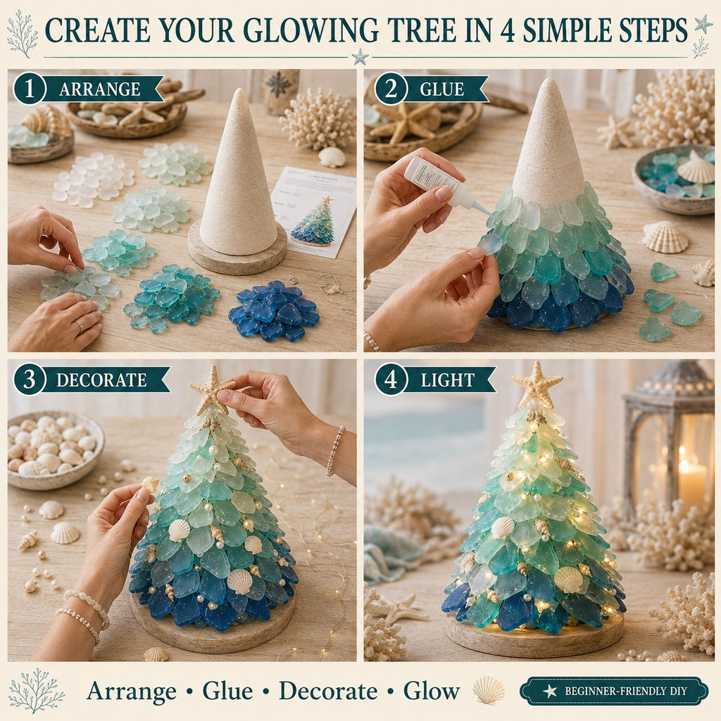 Four illustrated steps for assembling the lighted sea glass tree