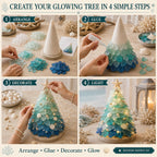 Four illustrated steps for assembling the lighted sea glass tree