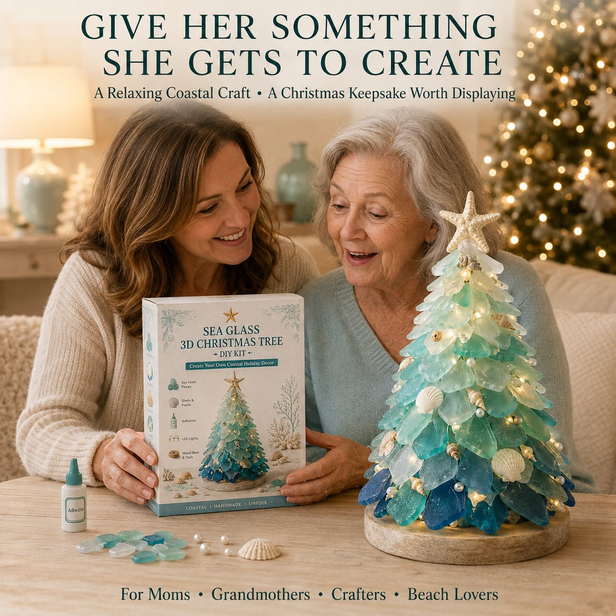 Two women sharing a lighted sea glass tree craft kit