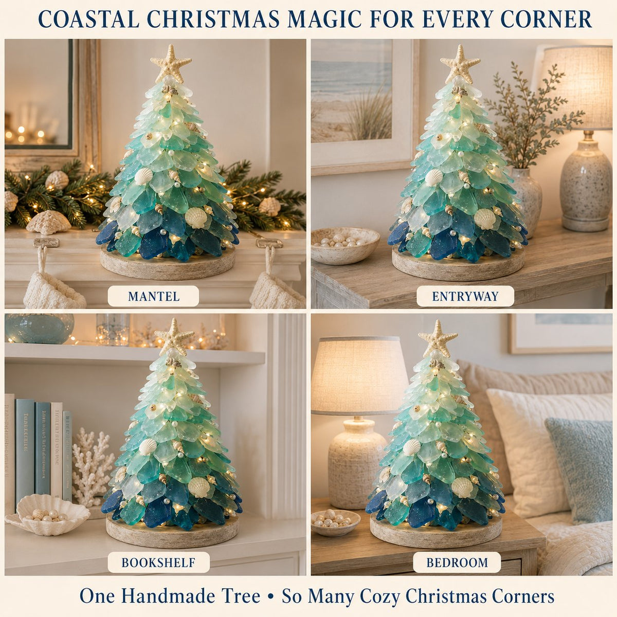 Lighted sea glass tree styled in four rooms around the home