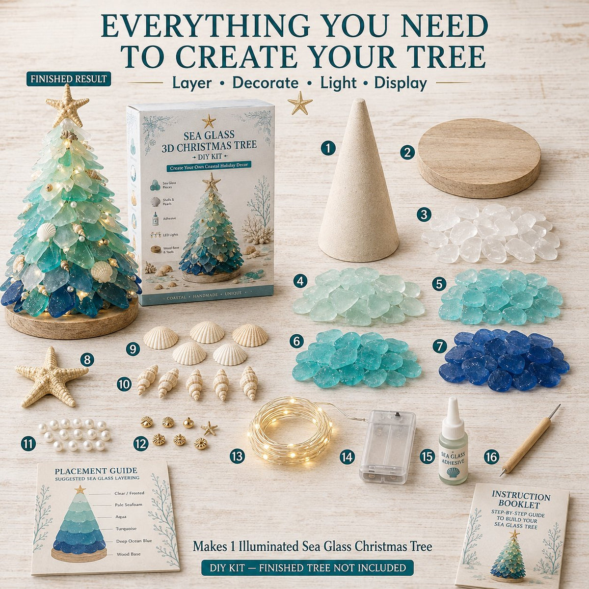Sea glass Christmas tree kit contents arranged and labeled