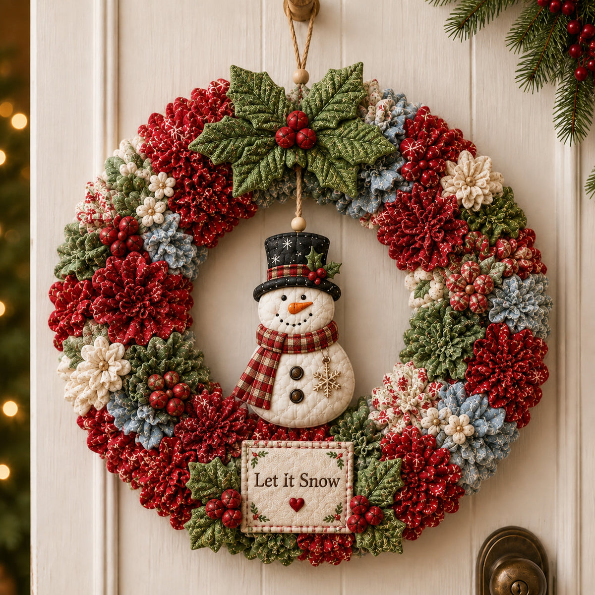 Festive fabric wreath featuring a snowman and winter accents