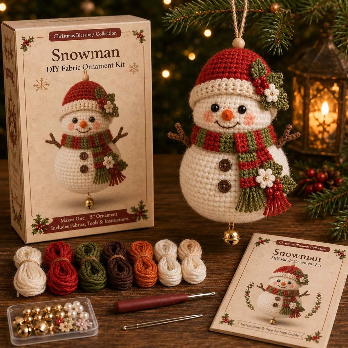 Snowman character ornament shown with its DIY kit materials