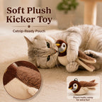 Cat hugging the soft plush bird kicker toy