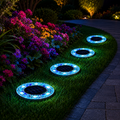Solar ground lights illuminating a garden pathway and flower bed at night
