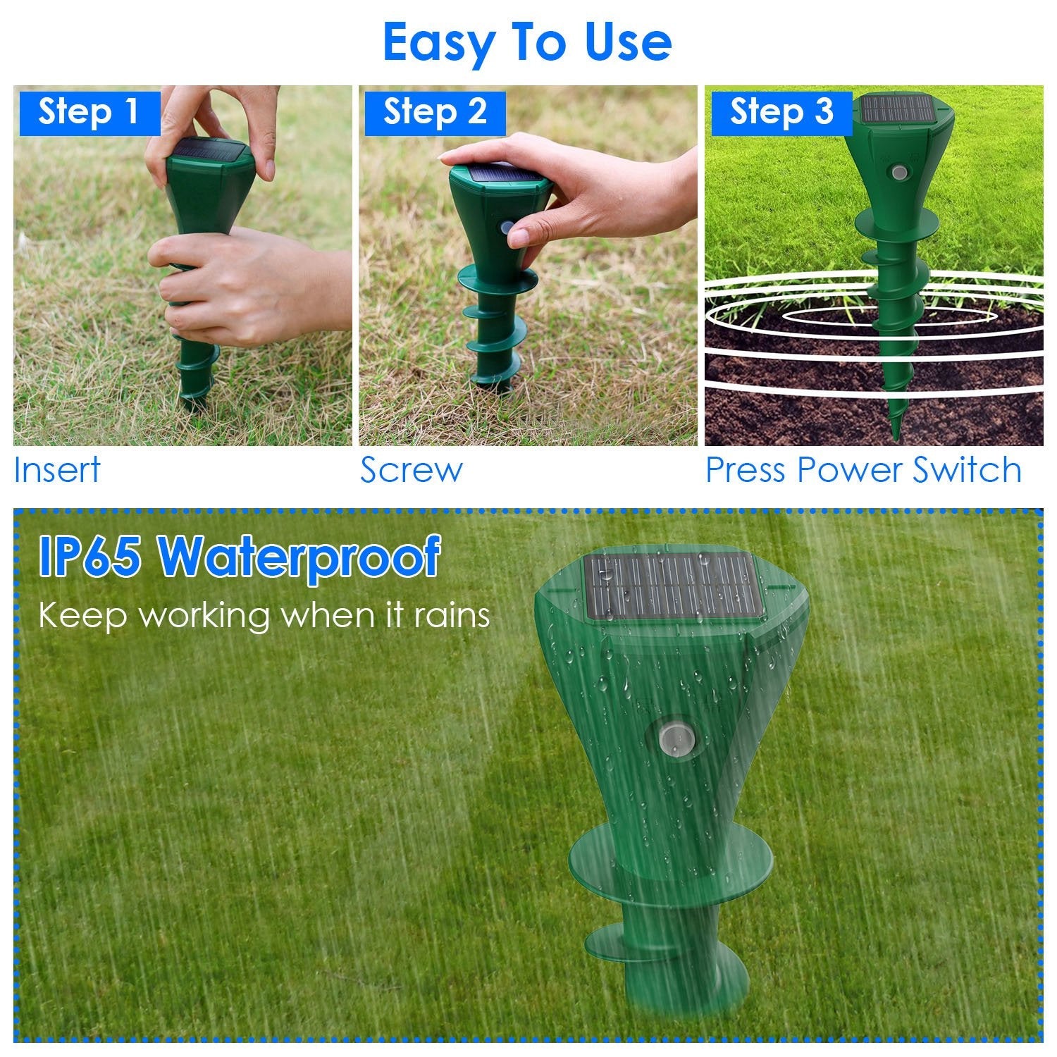 Solar mole and gopher repellent stake installation steps with IP65 waterproof design