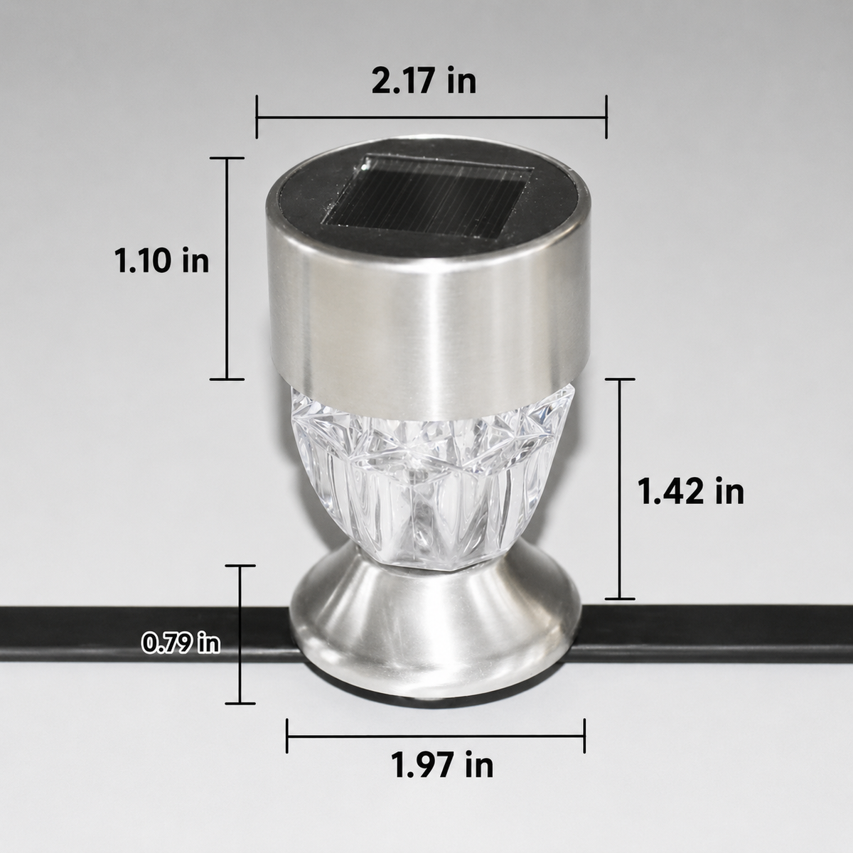 Solar railing light dimensions with 2.17 in width and mounting size details
