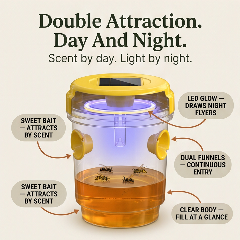 Solar Wasp Trap with LED, 2 Pack Hanging Outdoor Insect Trap for Garden