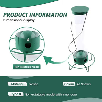 Product details of a squirrel proof bird feeder with hanging design and feeding ports