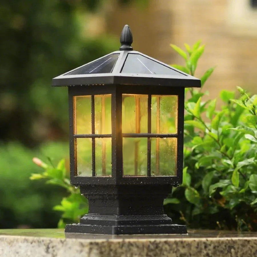 Solar Stone Light Pillar, Black Outdoor LED Garden Column Light