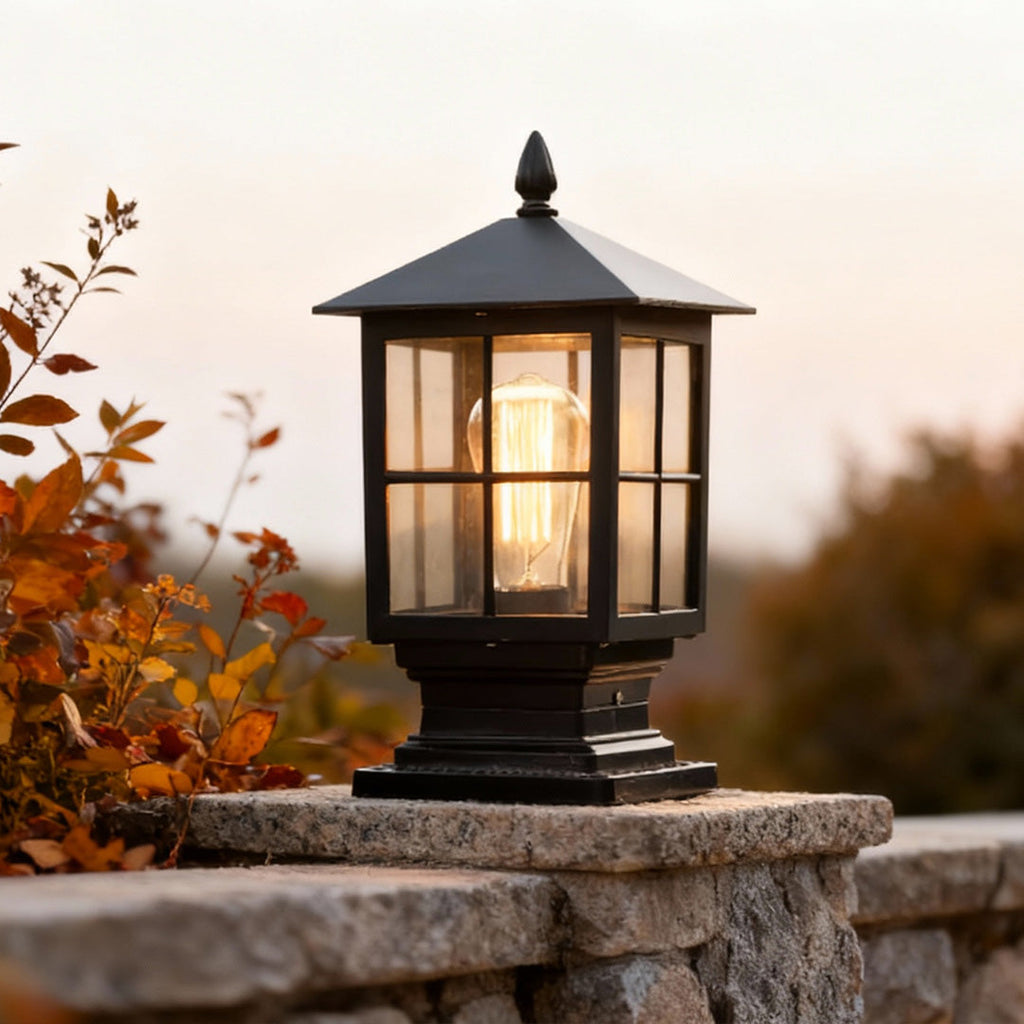 Solar Stone Light Pillar, Black Outdoor LED Garden Column Light