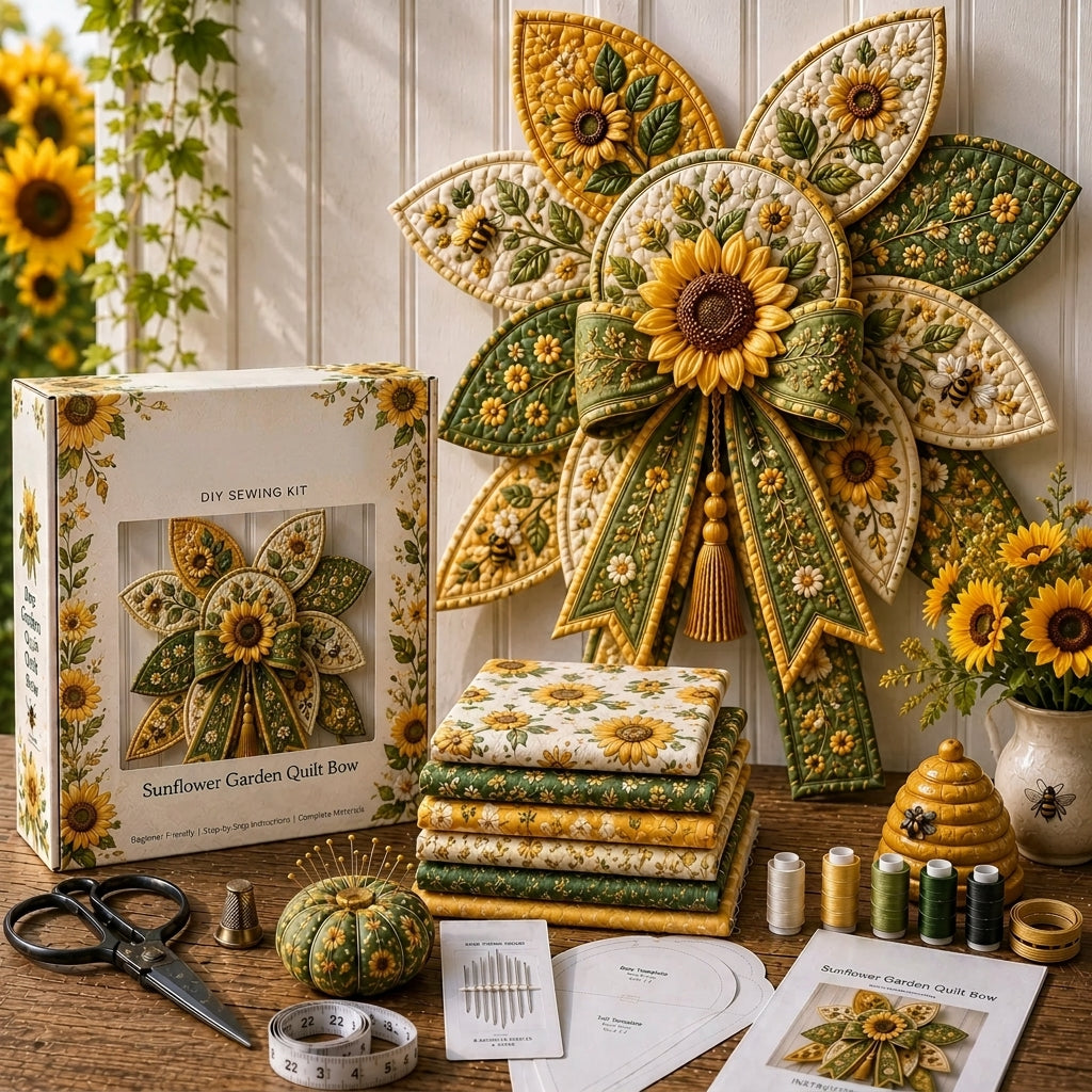 Sunflower garden quilt bow displayed with coordinated sewing materials
