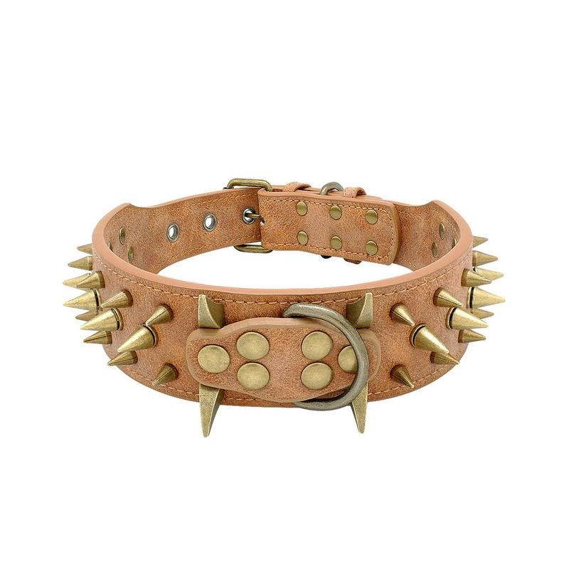 Tan leather dog collar with gold spikes and buckle