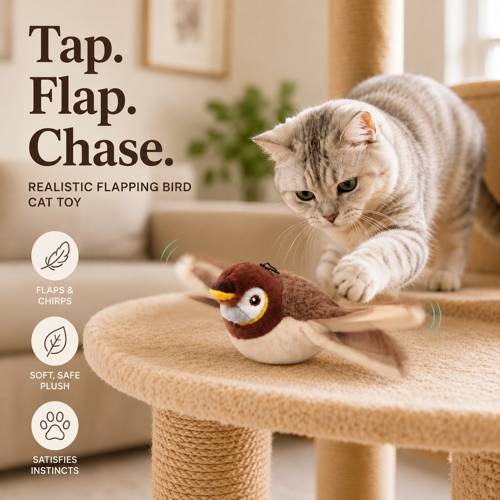 Cat tapping the flapping bird toy on a scratching platform