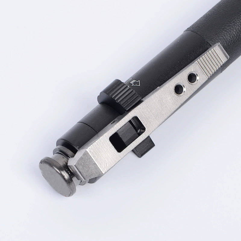 Close-up of the metal release mechanism and textured grip
