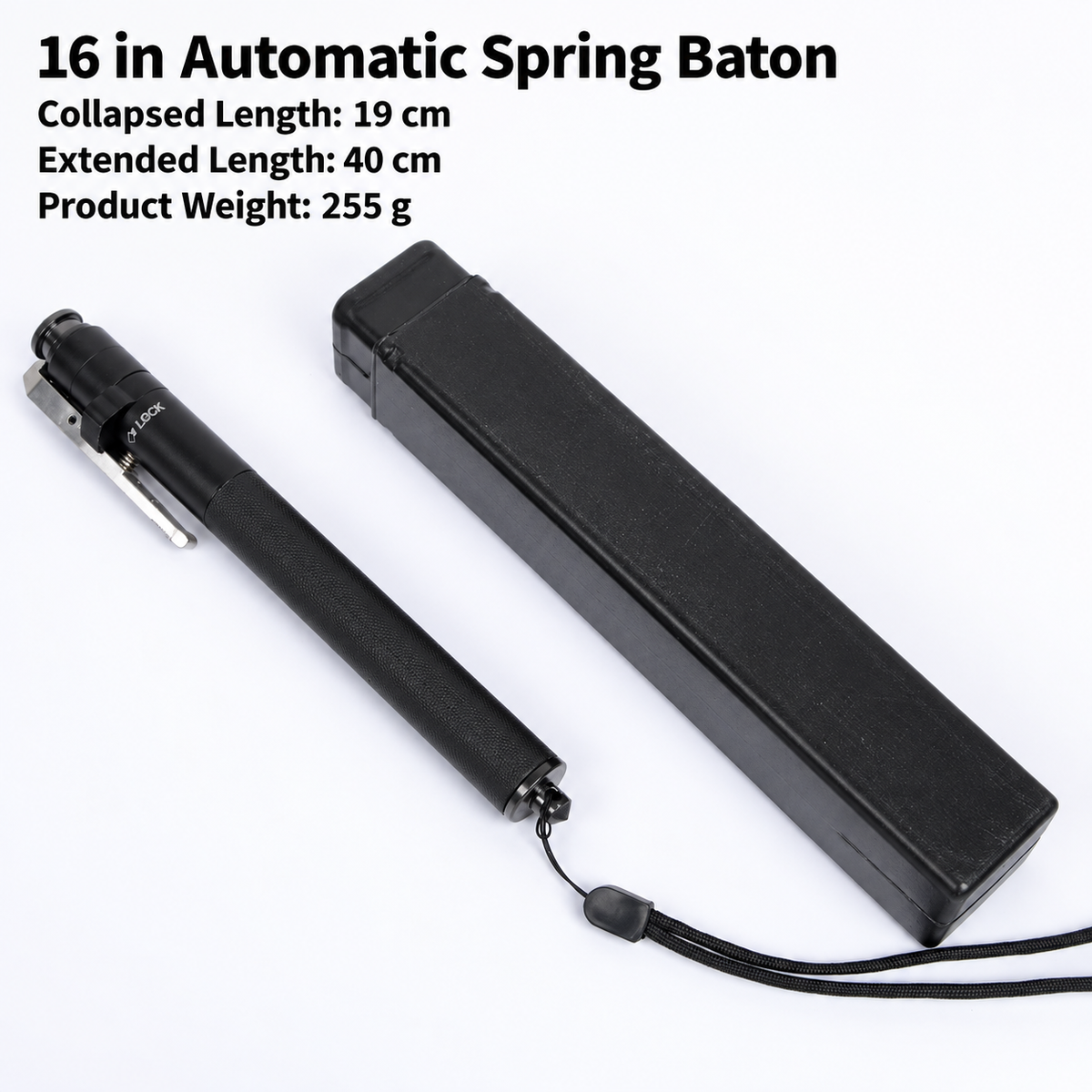 Extended and collapsed telescoping stick shown beside its storage case