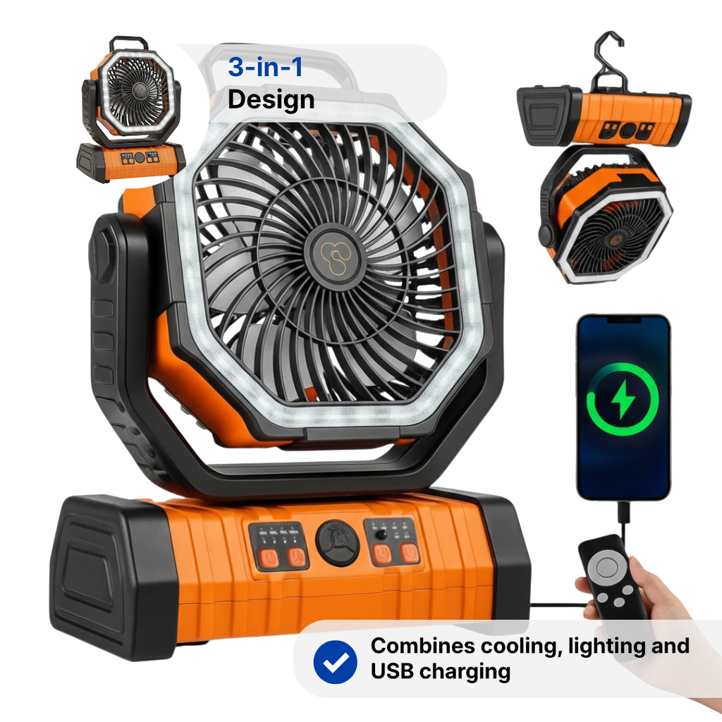 Portable 3-in-1 Camping Fan with LED Light and 20000mAh Battery