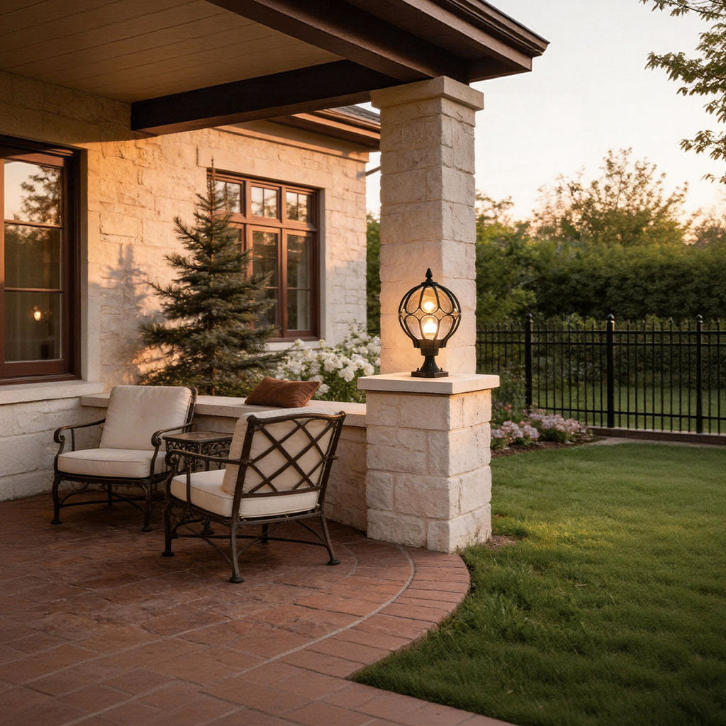 Outdoor Globe Pillar Light, Retro Glass Globe Post Lamp for Garden and Pathway