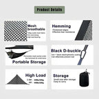 Triangle camping hammock product details showing breathable mesh fabric, D-shaped hooks, storage bag and 440 lbs weight capacity
