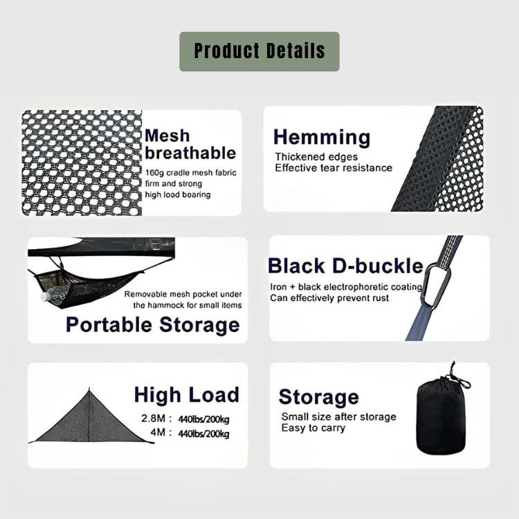 Triangle camping hammock product details showing breathable mesh fabric, D-shaped hooks, storage bag and 440 lbs weight capacity