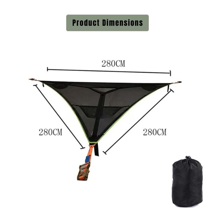 Triangle mesh camping hammock size options with measurement details and carry bag
