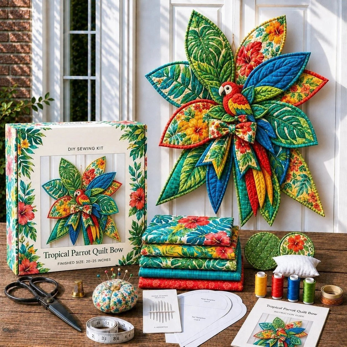 Tropical parrot quilted door bow in vivid botanical fabrics