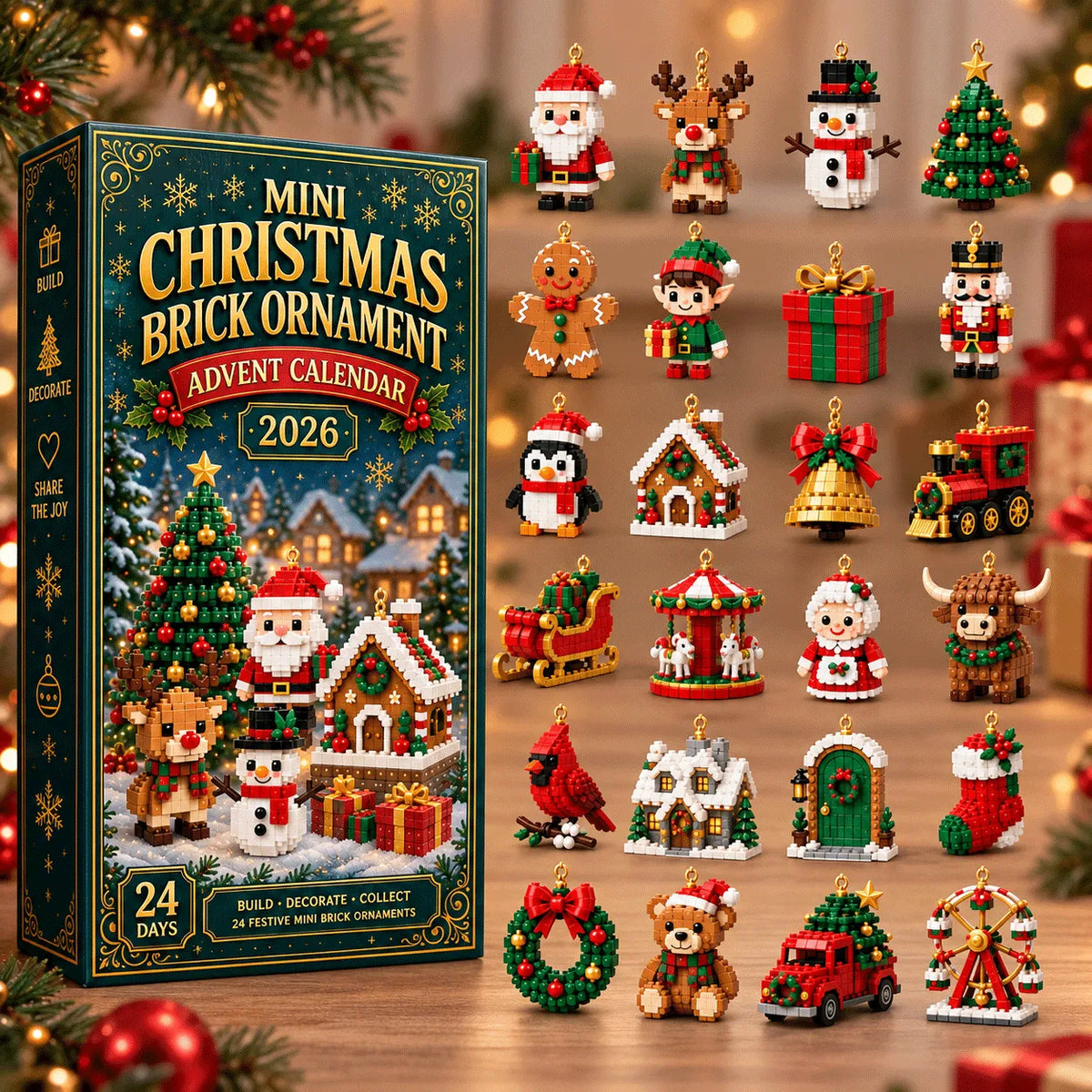 Complete collection of 24 mini Christmas brick ornaments