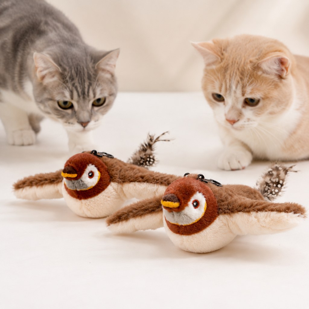 Two indoor cats exploring a pair of plush bird toys